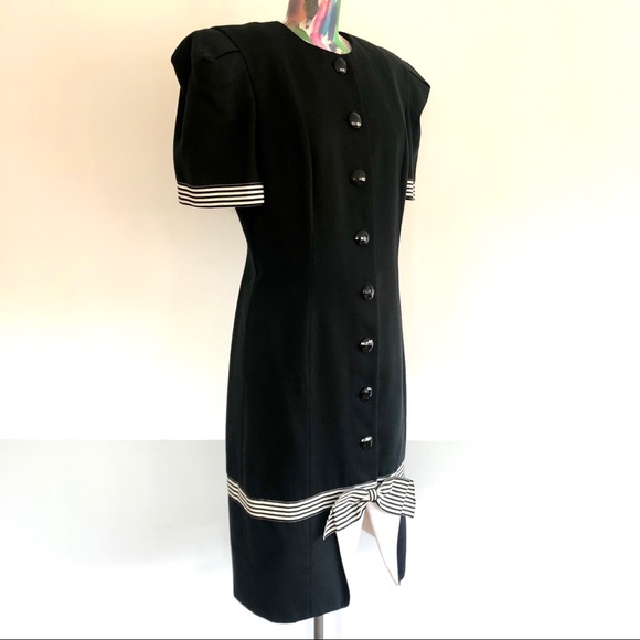 🎬VINTAGE 80s Avant Garde Black Bow Stripe Dress - Picture 3 of 8